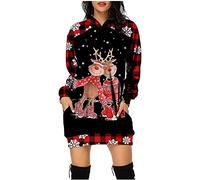 Robe De Noel Femme Grande Taille Hiver Pull Moche Sweat Plaid avec Capuche Casual Hoodie Noël Imprimé Wapiti Décontracté Chic Automne Hiver Chaude Pullover avec Poches