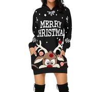 Robe De Noel Femme Grande Taille Hiver Pull Moche Sweat, Sweat-Shirt à Capuche Tunique Longue avec Poches pour sortieses et Occasions festives pour Fête de Noël, Réunion Familiale