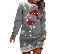 Robe de Noël Femme Grande Taille Nouveauté Rudolph Robe Sapin Noel Imprimée à Manches Longues Cocktail Swing Cosplay Hepburn Robes Fancy Dress Christmas Déguisement Père Noel (B-Grey, S)