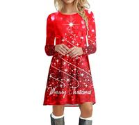 Robe de Noël Femme Imprimé Cerf Robe Rockabilly Noel Robes en tricot avec manches bouffantes Automne et hiver Col rond Robes tunique décontractée Ugly Christmas Dress Père Noël Costume (I-Red, XL)