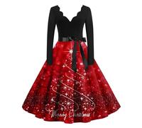 Robe de Noël Femme Imprimé Verre à Vin Robe Moche de Noel Année 50s Pin Up Rockabilly Swing Jupe Manches Longue Robes de Cocktail Soirée Bal avec Ceinture Deguisement Lutin de Noel (d-Beige, XL)