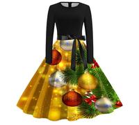 Robe De NoëL Femme Longue,Robe DéContractéE Femme ÉLéGante pour SoiréE FêTe Bal Plage avec Col Rond Manches Longues Style RéTro AnnéEs 1950