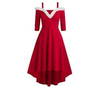 Robe De Noel Femme Manches 3/4, Costume De Noel Femme Bretelles Halter en Peluche Loisirs Sexy À Épaules Dénudées De Soiree Noël Cocktail Tendance Rockabilly Glamour Tendance