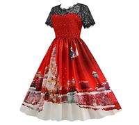 Robe De Noel Femme Manches Courtes, Robe Chic Femme Dentelle Imprime Noël Col Rond Trapeze Midi Casual Costume Cocktail Automne Moche Christmas Fete Bonhomme Neige