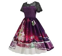 Robe De Noel Femme Manches Courtes, Robe Chic Femme Dentelle Imprime Noël Col Rond Trapeze Midi Loisirs Costume Cocktail Automne Club Glamour Bonhomme Neige Tendance