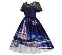 Robe De Noel Femme Manches Courtes, Robe Chic Femme Dentelle Imprime Noël Col Rond Trapeze Midi Loisirs Costume Cocktail Automne Club Confortable Fete Bonhomme Neige Bal