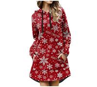 Robe De Noël Femme- Pull De Noël pour Femme- Poche Sweat-Capuche Hiver Chaude Pas Cher Manches Longues Robe Sweat Capucin Moche Sweat Noël Fluide Pull Dress Imprimé Noël Ample Hoodie