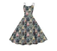 Robe de Noel Femme Robe de Soirée Rétro sans Manches avec Bretelles Spaghetti Grande Taille Vintage Imprimée de Père Bonhomme de Neige Noël Robes Taille Haute Robes de Mère Noël d'hiver et d'automne