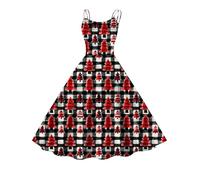 Robe de Noel Femme Robe de Soirée Rétro sans Manches avec Bretelles Spaghetti Grande Taille Vintage Imprimée de Père Bonhomme de Neige Noël Robes Taille Haute Robes de Mère Noël d'hiver et d'automne
