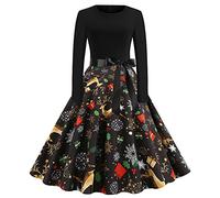 Robe De Noël Femme Robe Noel Femme Grande Taille Chic et Elegante Robe De Noël Drole Robe Cocktail Mariage Vintage Robe Casual Femme Robe baptême col Rond Manches Longue Déguisement De Père Noël