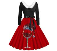 Robe De NoëL Femme Robe Style Audrey Hepburn, VêTements De SoiréE Chic Classique Swing Coupe Slim Ourlet Ample PlisséE Polyvalent avec Encolure en Velours pour Cocktail FêTe