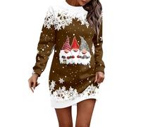 Robe de Noël Femme Rudolph Renne Elfe Robe de Soirée Grande Taille Bonnet de Noel Manche Longue Robes Pull A-Line à Col Rond Casual Robes Automne et Hiver Mère Noël Déguisement Sexy (c-Brown, XL)