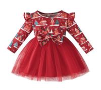 Robe de Noël Fille 10 Ans - Robe de Princesse À Manches Longues pour Petite avec Nœud Papillon Et Imprimé Dessin Animé (Red 9-12 Months)
