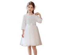 Robe de Noël Fille A-Line Col Rond Manches 3/4 Trapèze | Robe Princesse Fille Paillettes Patchwork en Maille Chic Et Elegante au Genou Midi Cocktail Soirée Décontractée Dress