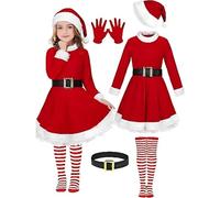 Robe de Noël Fille Enfant à Manche Longue Costume Mère Noël Rouge Robe avec Capuche Ceinture Bas Rayés Chapeau Deguisement Noel Enfant Soirée Cérémonie Princesse Danse (Watermelon Red, 4-5 Years)