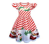Robe de Noël Petite Fille 4 Ans - Robe de Spectacle À Manches Volantes pour Enfants S Tenue de Spectacle de Noël Rayée avec Imprimé de Dessin Animé Confortable pour La Maison (Red 3-4 Years)