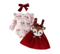 Robe de Noël pour Bébé Fille Barboteuse à Manches longues + Motif Animé Robe à Bretelles + Bandeau 3 Pcs Tenue de Noël Ensemble Fille Robe Noel Bébé Robes Princesse Élégante (Red, 9-12 Months)