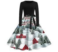 Robe De Noël pour Femme DrôLe Vintage Pin Up AnnéEs 50 Chic Et Elegante Swing Noel Dress Coupe AjustéE Manche Longue Polyvalent Christmas Casual Classique Déguisement pour Cocktail Cérémonie Soirée
