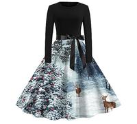 Robe De Noël pour Femme DrôLe Vintage Pin Up AnnéEs 50 Chic Et Elegante Swing Noel Dress Coupe AjustéE Manche Longue Polyvalent Christmas Casual Classique Déguisement pour Cocktail Cérémonie Soirée