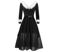 Robe de Noël Pour Femme Flocon de Neige Robe Sexy Mere Noel Robes Cocktail Mariage Vintage Casual Robes baptême col Rond Manches Longues Merry Christmas Dress Déguisement Père Noel (Black-E, XXXL)