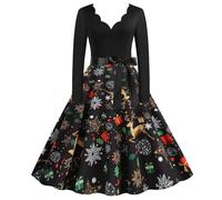 Robe de Noël pour femme - Manches longues - Avec motif de Noël - Drôle - Rockabilly - Vintage - Ligne A - Swing - Robe de soirée - Robe de cocktail - Vêtement de Noël pour femme, #03 Noir, S