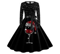Robe de Noël pour femme - Manches longues - Avec motif de Noël - Drôle - Rockabilly - Vintage - Ligne A - Swing - Robe de soirée - Robe de cocktail - Vêtement de Noël pour femme, #06 Bordeaux, L