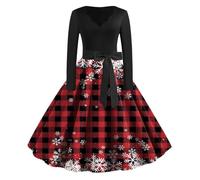 Robe de Noël pour femme - Manches longues - Avec motif de Noël - Drôle - Rockabilly - Vintage - Ligne A - Swing - Robe de soirée - Robe de cocktail - Vêtement de Noël pour femme, #05 Bordeaux, L