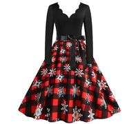 Robe de Noël pour femme - Manches longues - Avec motif de Noël - Drôle - Rockabilly - Vintage - Ligne A - Swing - Robe de soirée - Robe de cocktail - Vêtement de Noël pour femme, #01 Rouge, XL