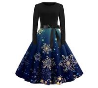 Robe de Noël pour femme - Robe de fête pour femme - Col rond - Manches longues - Robe de cocktail - Ligne A - Swing - Robe de Noël d'hiver élégante, Bleu (35), L