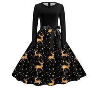 Robe de Noël pour Femme Rouge Impression Wapiti DéContracté Rigolo Robe de Soirée Rockabilly Vintage Années 50s Manches Longues Costume Lutin