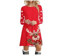 Robe de Noël Pour Femme Rouge Imprimé Cerfs et Flocons de Neige - Robe Satin de Soirée à Manches Longues - Déguisement Père Noël Adulte