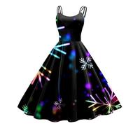 Robe de Noël pour femme - Sans manches - Imprimé amusant - Robe trapèze à bretelles spaghetti - Robe de cocktail style années 50, Noir , S