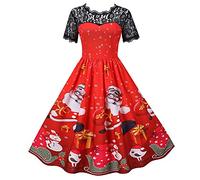 Robe de Noël pour Femmes - Déguisement Vintage Rétro avec Garniture en Dentelle, Manches Courtes, Imprimé Noir - Robe Swing pour Cocktail et Fête de Noël