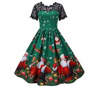 Robe de Noël pour Femmes - Déguisement Vintage Rétro avec Garniture en Dentelle, Manches Courtes, Imprimé Noir - Robe Swing pour Cocktail et Fête de Noël