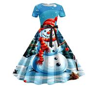 Robe de Noël pour Femmes Fantaisie Rudolph Robe de Noel Grande Taille Nouveauté Col en V Duveteux Noel Rouge Mignon Imprimé Rose Cocktail Soirée Rockabilly Décontractée au Genou Midi (Z2 Bleu Ciel,XL)