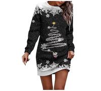 Robe de Noël pour Femmes Fantaisie Rudolph Robe Noel Décontracté Robes Manches Longues Pull A-Line à Col V Tissu du Côtelé Pullover Chaud Casual Automne Hiver Déguisement Pere Noel (Le noir,3XL)