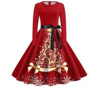 Robe de Noël pour Femmes Rouge Et Or Imprimé Verre à Vin - Grande Taille, Cocktail, Rockabilly Années 50, Soirée, Déguisement Lutin de Noel