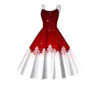 Robe de Noël Robe de Soirée Rétro sans Manches avec Bretelles Spaghetti Grande Taille Vintage Imprimée de Père Bonhomme de Neige Noel Robes Taille Haute Robes de Mère Noël Longueur Genou d'hiver