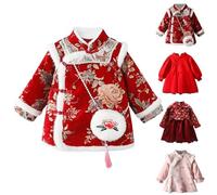 Robe de Nouvel An chinois pour bébé - Robe traditionnelle brodée florale - Jolie robe chaude en tulle avec bordure en polaire Cheongsam - Col montant Qipao, blanc, 12-18 mois