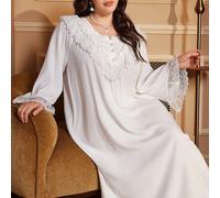Robe de nuit à manches longues avec broderie style palais, grande taille, Moo Moo, détails confortables et élégants, automne et hiver 0XL,1XL,2XL,3XL,4XLTissu tissé