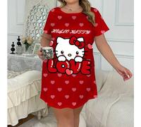 Robe de nuit courte imprimée décontractée à manches courtes, motif imprimé en forme de cœur Hello chat, robe de nuit légère et confortable pour le printemps/été, tenue d'intérieur 1XL,2XL,3XL,4XL,5XLC