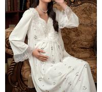 Robe de nuit de maternité ample à manches longues avec encolure en cœur, style rétro palais, avec broderie florale 3D. Vêtement de détente de luxe, pour l'automne et l'hiver L,M,S,XLImprimés aléatoire