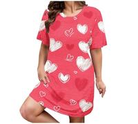 Robe de nuit décontractée grande taille pour femmes avec imprimé cœur manches courtes col rond moyenne extensible robe de nuit ample Saint-Valentin robe de nuit noire avec col en V, rouge, XL