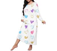 Robe de Nuit Décontractée Grande Taille pour Femmes, Imprimé Cœur, Manches Longues, Col Rond, Extensible, Chemise de Nuit Ample en Flanelle, 5x, ZA-White