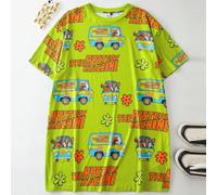 Robe de nuit d'été décontractée à col rond et manches courtes, imprimé lettres et voitures, grande taille 0XL,1XL,2XL,3XL,4XL,5XLLettresTissu tricoté
