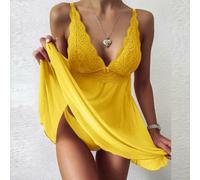 Robe de nuit en dentelle à col en V pour femme, robe de nuit assemblée pour lingerie, peignoir, sous-vêtements de coordination, polyester doux et raffinement de la dentelle (2XL, jaune)