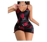 Robe de Nuit en Satin à imprimé lèvres Rouges for la Saint-Valentin, Pyjama for Femme, col en V, Dos Nu, Mini-Robe de Nuit, Robes de Nuit for Femmes pour la Maison Ou pour Dormir(L)