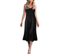 Robe de nuit en satin pour femme - Sans manches - Col en V - Confortable - Élégante - Longue chemise de nuit pour femme - Couleur unie, Noir , 3XL