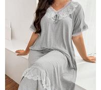 Robe de nuit en soie de lait légère et douce avec garniture en dentelle de style palais de luxe pour grandes tailles, robe de chambre décontractée 0XL,1XL,2XL,3XL,4XL,5XLUnicoloreTissu tricoté