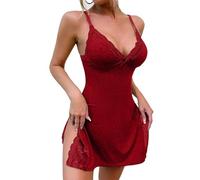 Robe de nuit fendue en dentelle avec bordure en dentelle - Robe de nuit fendue avec nœud papillon - Robe spaghetti en soie, b, XXL